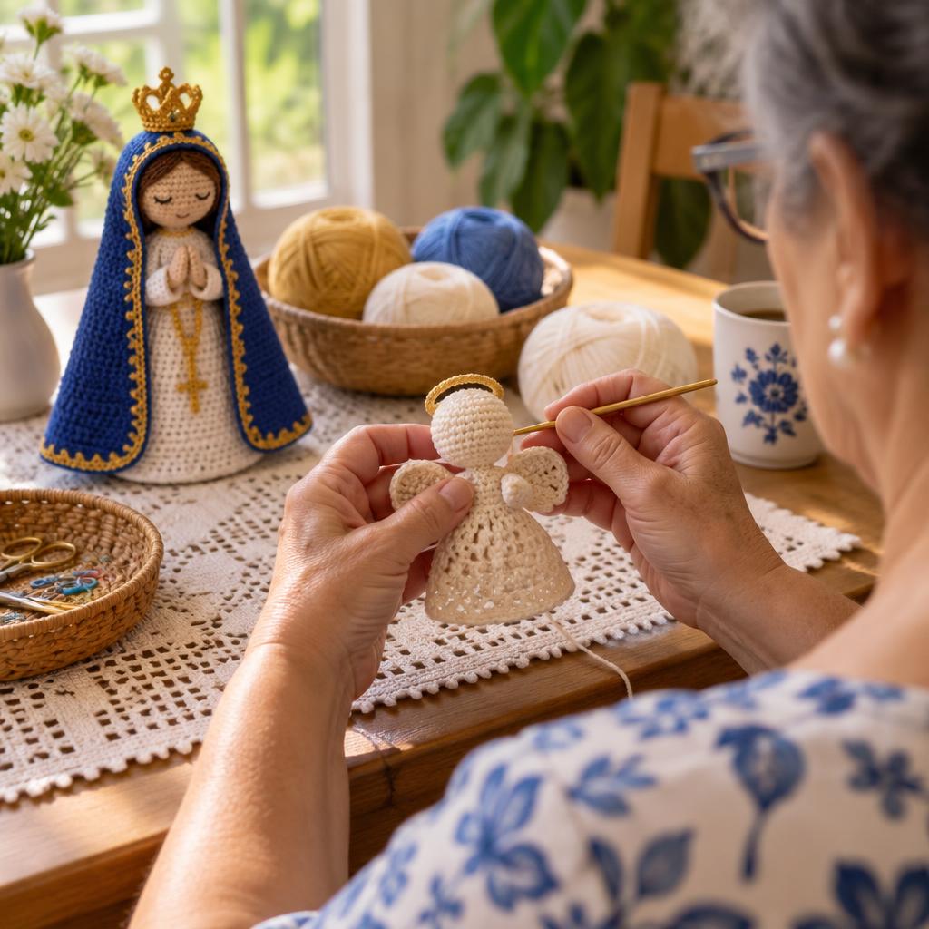 Mulher presenteando com peça de crochê católico